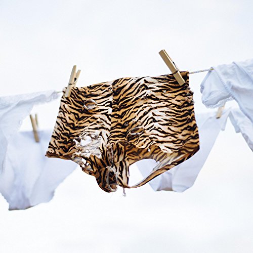 Animal print underwear hanging on a clothesline with white garments.