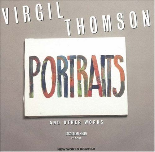 CD case for "Virgil Thomson: Portraits" with a brown background and multicolored title.