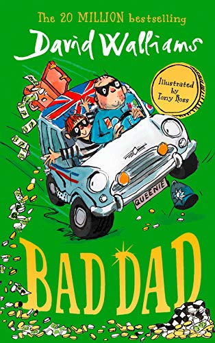 "Children's book cover featuring cartoon man and child in a car, surrounded by money."