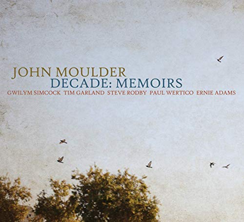 "Album cover with 'John Moulder Decade: Memoirs' text, trees, and birds against a gray sky."