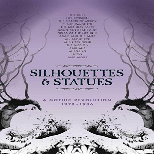 "Purple album cover with black text, featuring statues and bare tree branches."
