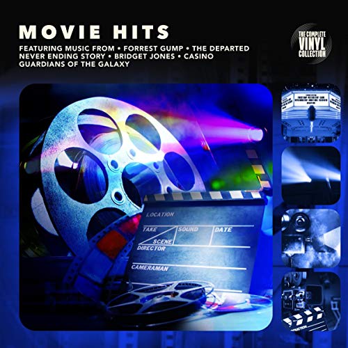 Movie Hits vinyl record cover with film reel, clapperboard, and camera imagery.
