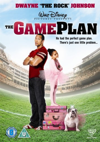 "DVD cover for 'The Game Plan' featuring Dwayne Johnson, a girl, and a bulldog."
