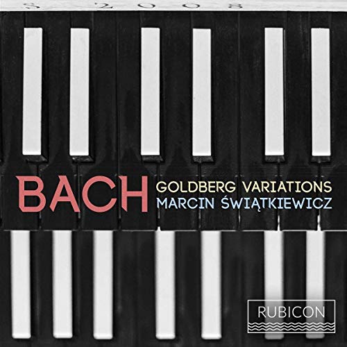 CD cover of Bach’s Goldberg Variations, featuring piano keys and red text.