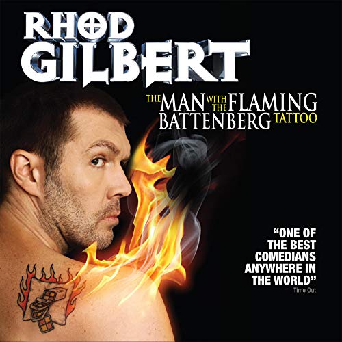 CD cover: Rhod Gilbert portrait with flaming battenberg tattoo design.
