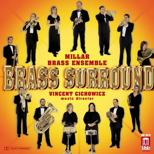 "CD cover featuring Millar Brass Ensemble members playing various brass instruments against a yellow background."