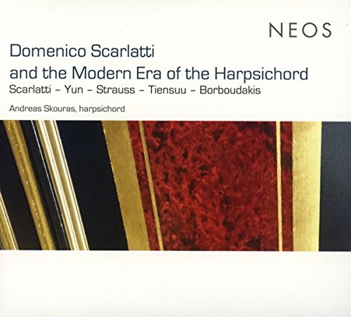 "CD cover with harpsichord strings and red, gold, and black abstract design."
