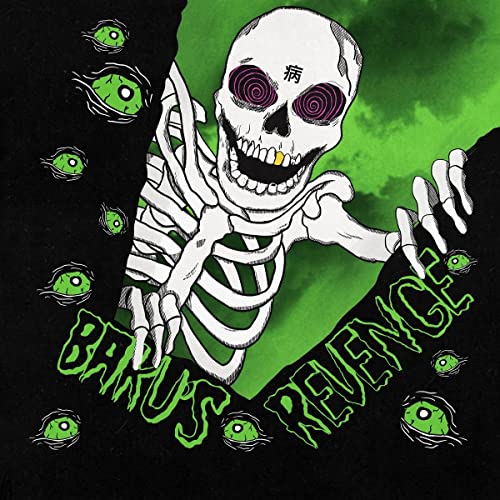 A skeleton with spiral eyes and a gold tooth emerges from a green background.