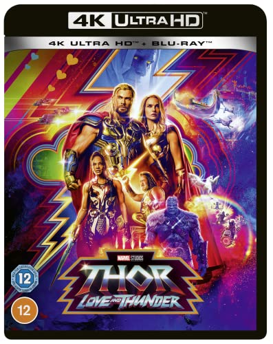 Blu-ray cover for “Thor: Love and Thunder” featuring Thor, Mighty Thor, and others.