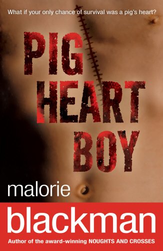"Pig-Heart Boy" book cover featuring a boy with a scar in a swimming pool.