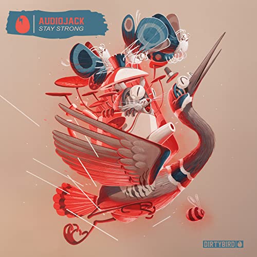 Surreal illustration of a bird-like machine with musical instruments.