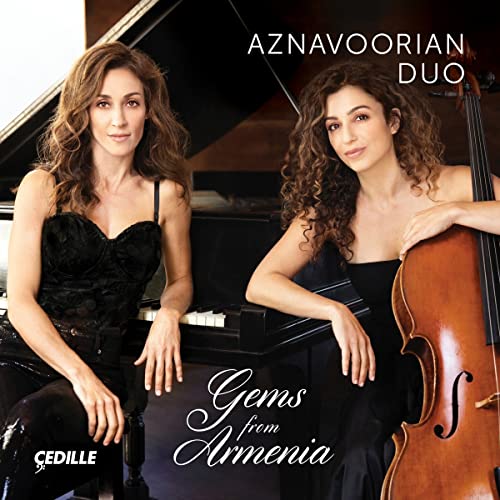 Two women with piano and cello, album cover for Aznavoorian Duo.