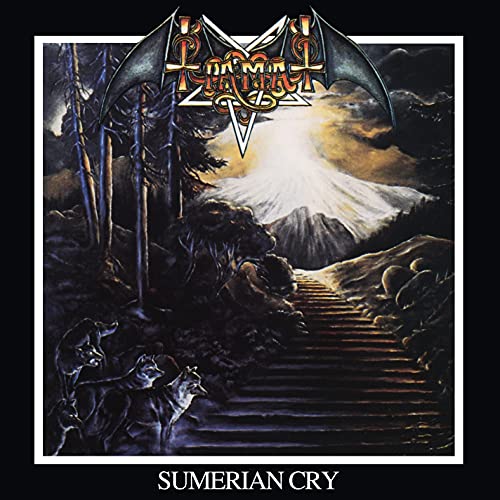 CD cover: dark fantasy landscape with wolves and winged logo.