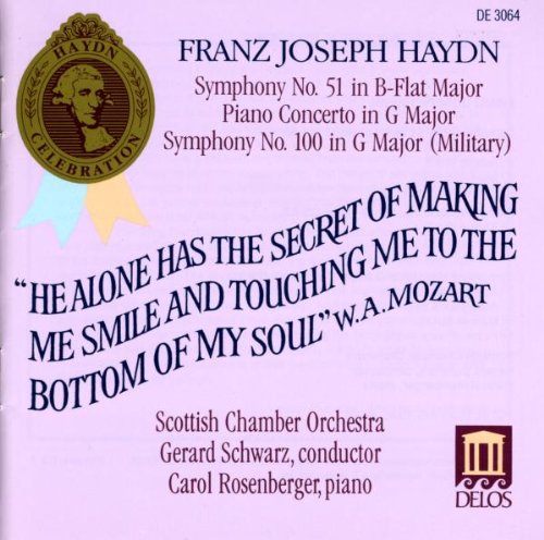 CD cover with pink background, Haydn's portrait, and black text listing musical compositions.
