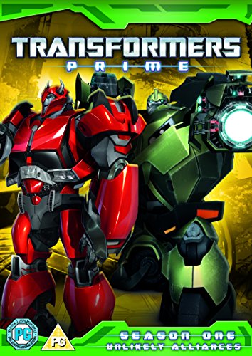 "Transformers Prime DVD cover featuring red and green robots against a yellow background."