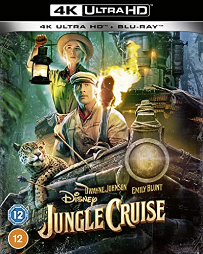 Jungle Cruise Blu-ray cover with Dwayne Johnson, Emily Blunt, and a jaguar.