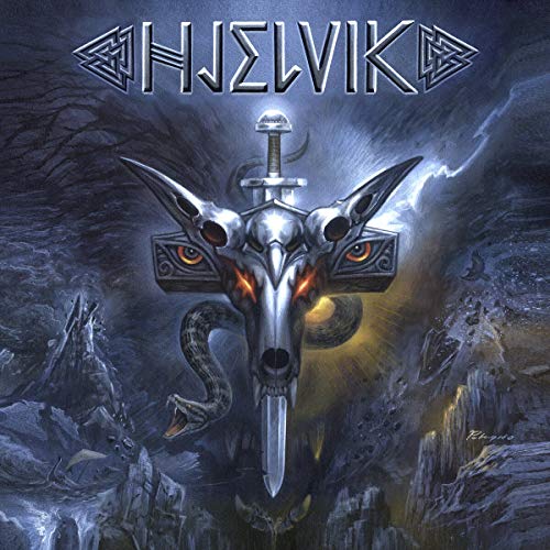 Metal album cover with silver wolf head, sword, and glowing eyes on dark background.