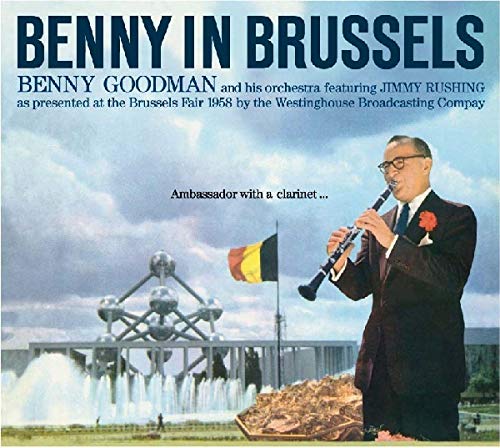 Benny Goodman in a suit playing clarinet with the Atomium in background.