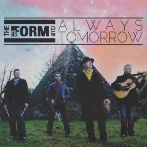 "Album cover with four men standing in front of a pyramid, playing instruments."