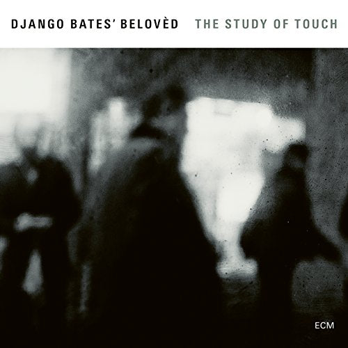 "Album cover with blurry black and white image and white banner with black text."