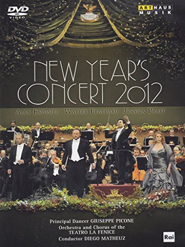 DVD cover for New Year's Concert 2012, featuring performers on a decorated stage.
