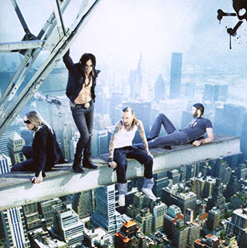 Backyard Babies band members on a steel beam overlooking a city.
