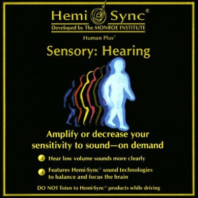 "Hemi-Sync CD cover with a glowing human figure and sound waves on a black background."