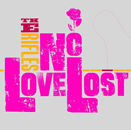 "Album cover with 'No Love Lost' in bold pink letters and a rose."