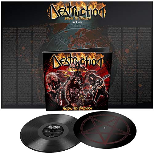 "Vinyl record album 'Destruction - Born to Thrash' with black discs and red pentagram."