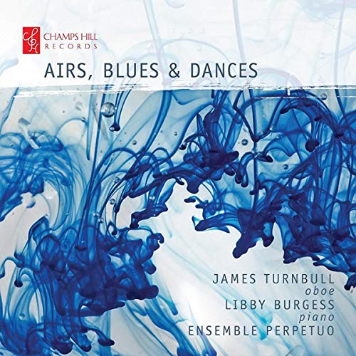 CD cover for "Airs, Blues & Dances" featuring blue ink swirl design.