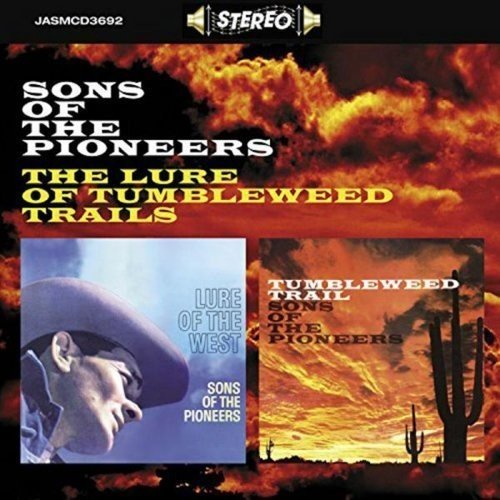 "CD cover with 'Sons of the Pioneers' text, two album covers, and desert landscape."