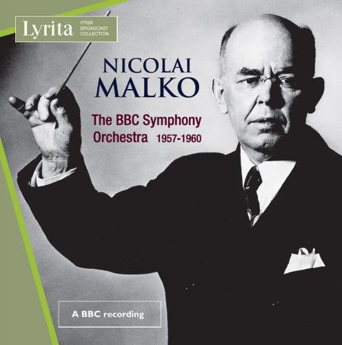Black and white portrait of conductor Nicolai Malko with baton raised.