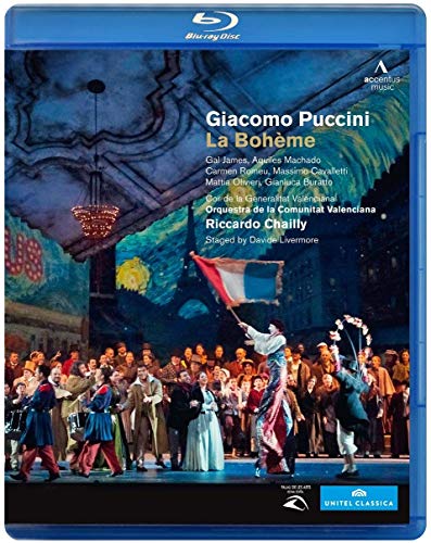 A blue Blu-ray case featuring a stage scene from La Bohème opera performance.