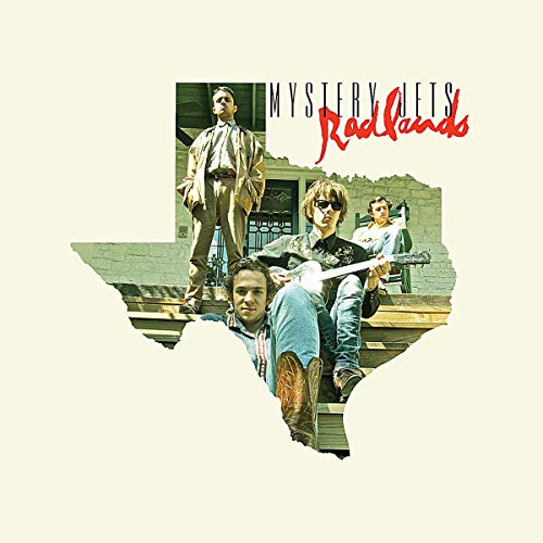 Album cover for Mystery Jets’ “Radlands” featuring musicians and Texas outline.