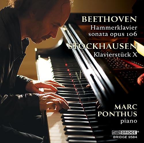 Pianist Marc Ponthus at a grand piano, album cover for Beethoven & Stockhausen.
