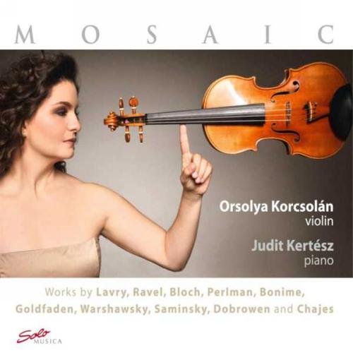 Woman holding violin scroll, with names and composers listed on album cover.