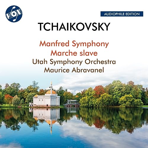 CD cover for Tchaikovsky’s Manfred Symphony with a lakeside building.