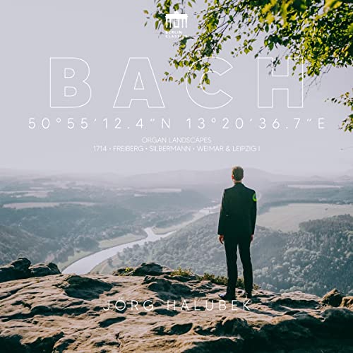 CD cover: landscape with a man, text "BACH" and coordinates.