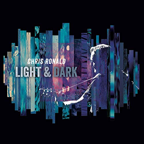 "Album cover with abstract blue and purple design, featuring a man playing guitar."