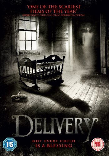 "Delivery DVD cover featuring a dark room with a rocking cradle and ghostly figure."