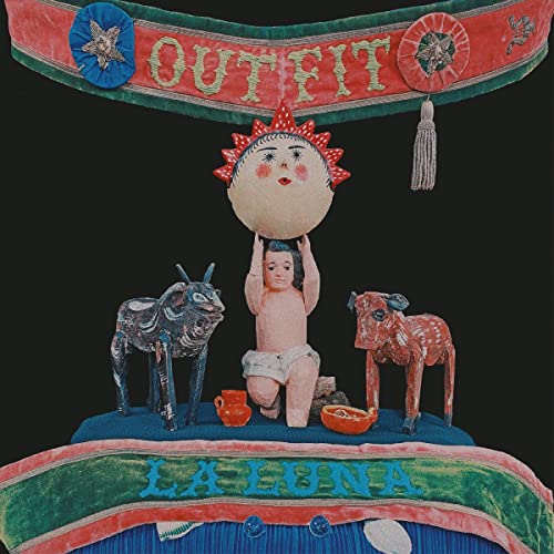 Vintage-style album cover with a child, animals, and celestial imagery.