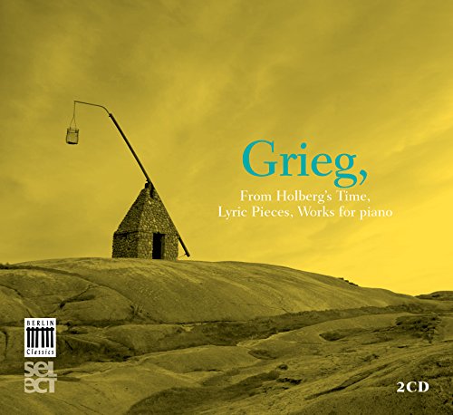 Grieg CD cover featuring a stone hut on a hill with a yellow sky.