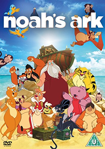 DVD cover featuring Noah and animals on a beach with a large ark behind.