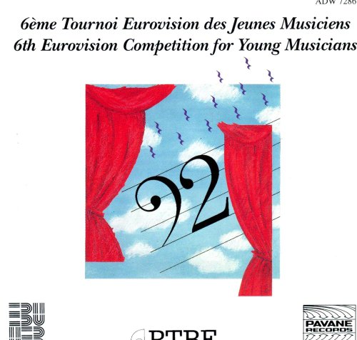 A CD cover featuring red curtains, a blue sky, and a large bass clef symbol.