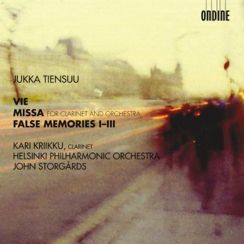 Blurry city street scene with text overlay describing a classical music CD.