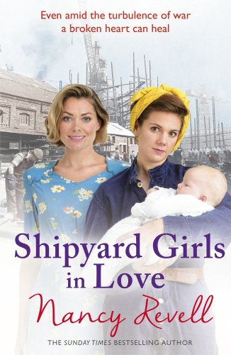"Book cover featuring two women and a baby, with a shipyard background."