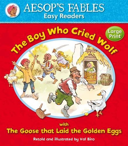 Red children's book cover with cartoon illustration of a boy and a goose.
