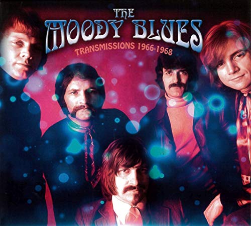"The Moody Blues" album cover featuring five band members against a red background.