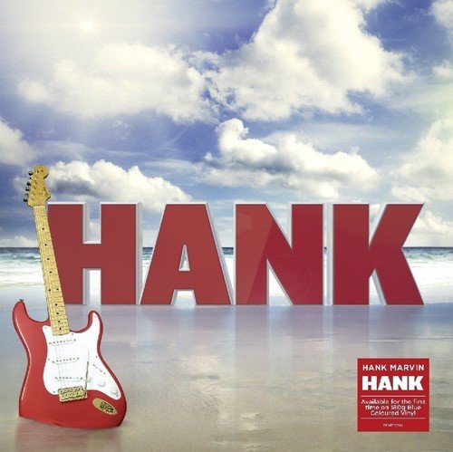 "Album cover with red guitar and 'HANK' on a beach background."
