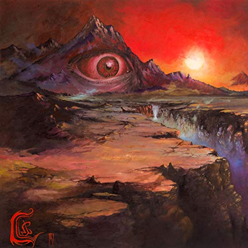 Red and black landscape with a large, central eye and mountain shapes.